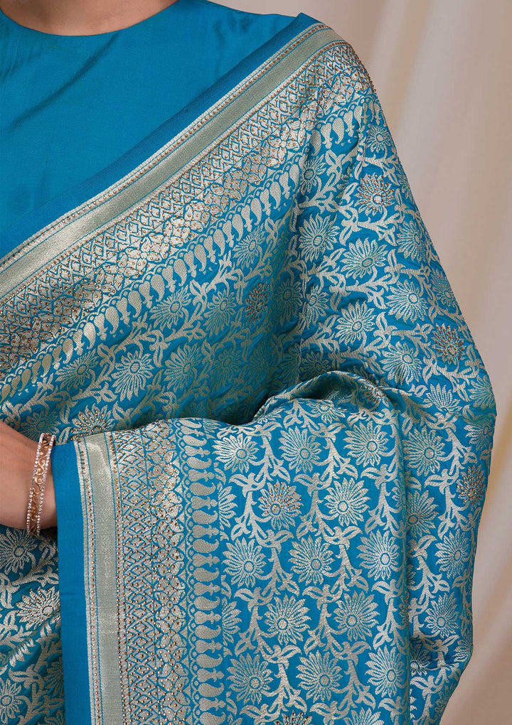 Peacock Blue Zariwork Art Silk Saree-Koskii