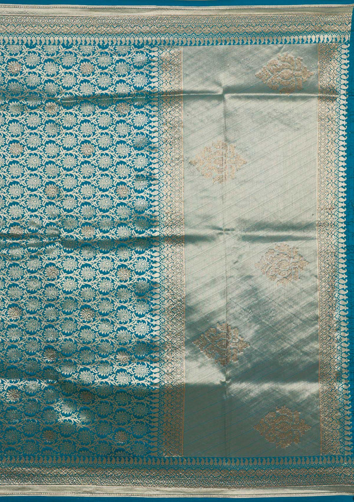 Peacock Blue Zariwork Art Silk Saree-Koskii