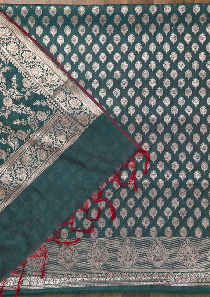 Peacock Blue Zariwork Banarasi Unstitched Salwar Suit-Koskii