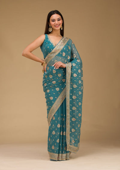 Peacock Blue Zariwork Chiffon Saree