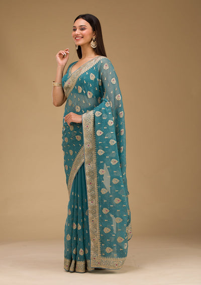 Peacock Blue Zariwork Chiffon Saree