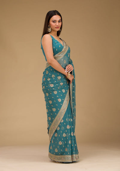 Peacock Blue Zariwork Chiffon Saree