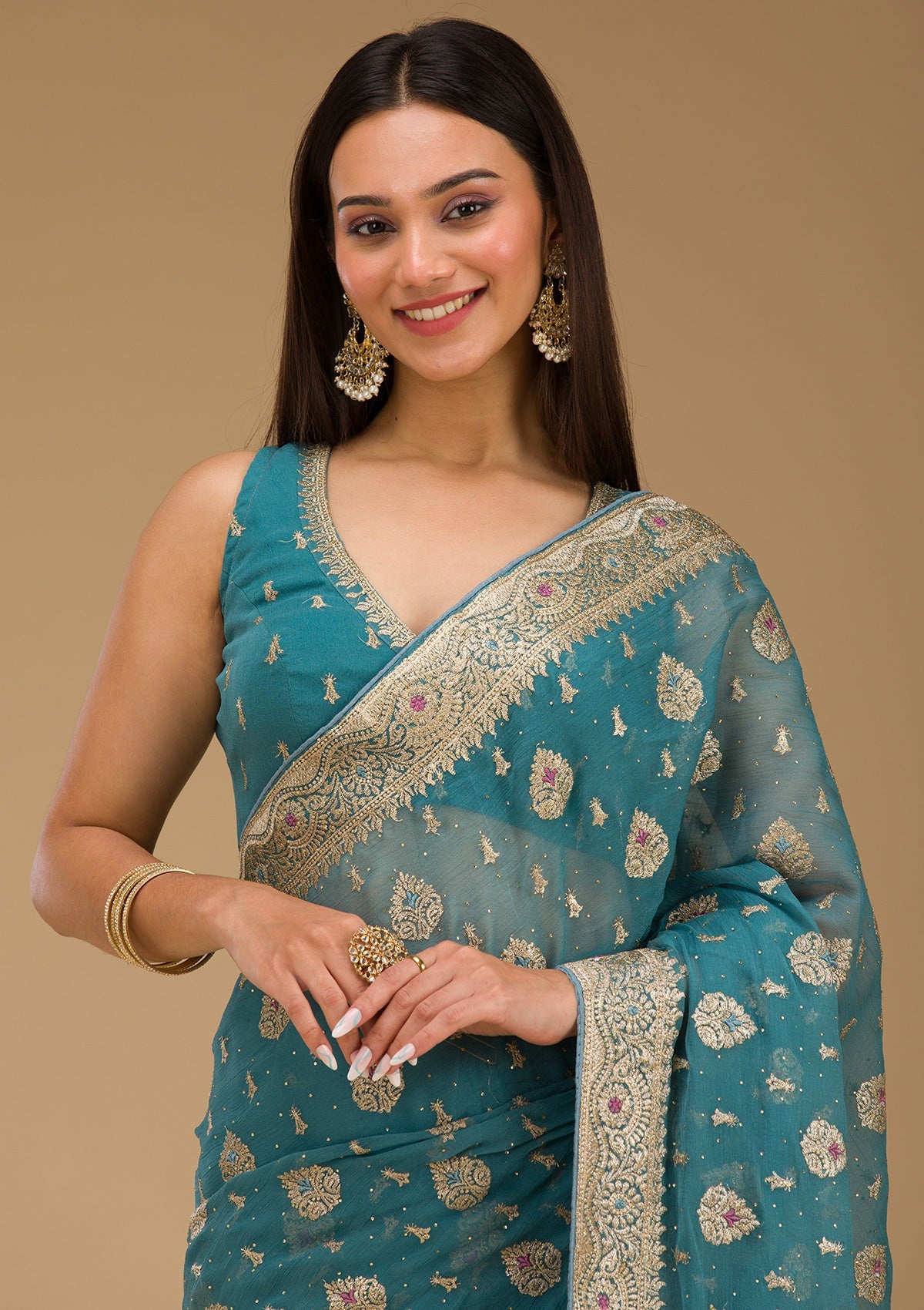 Peacock Blue Zariwork Chiffon Saree