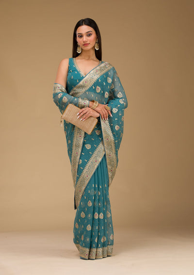 Peacock Blue Zariwork Chiffon Saree-Koskii