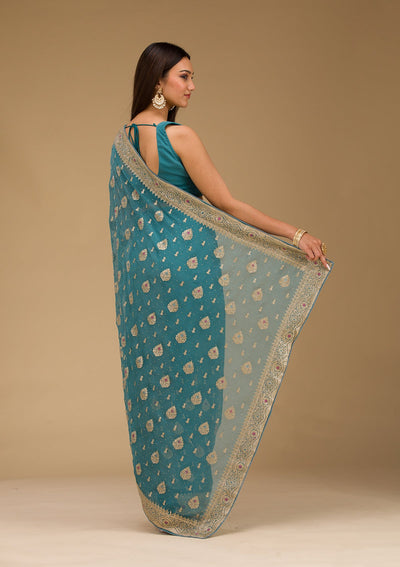 Peacock Blue Zariwork Chiffon Saree