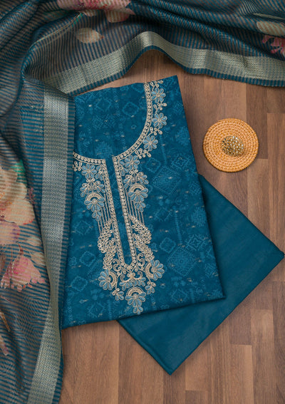 Peacock Blue Zariwork Cotton Unstitched Salwar Suit-Koskii