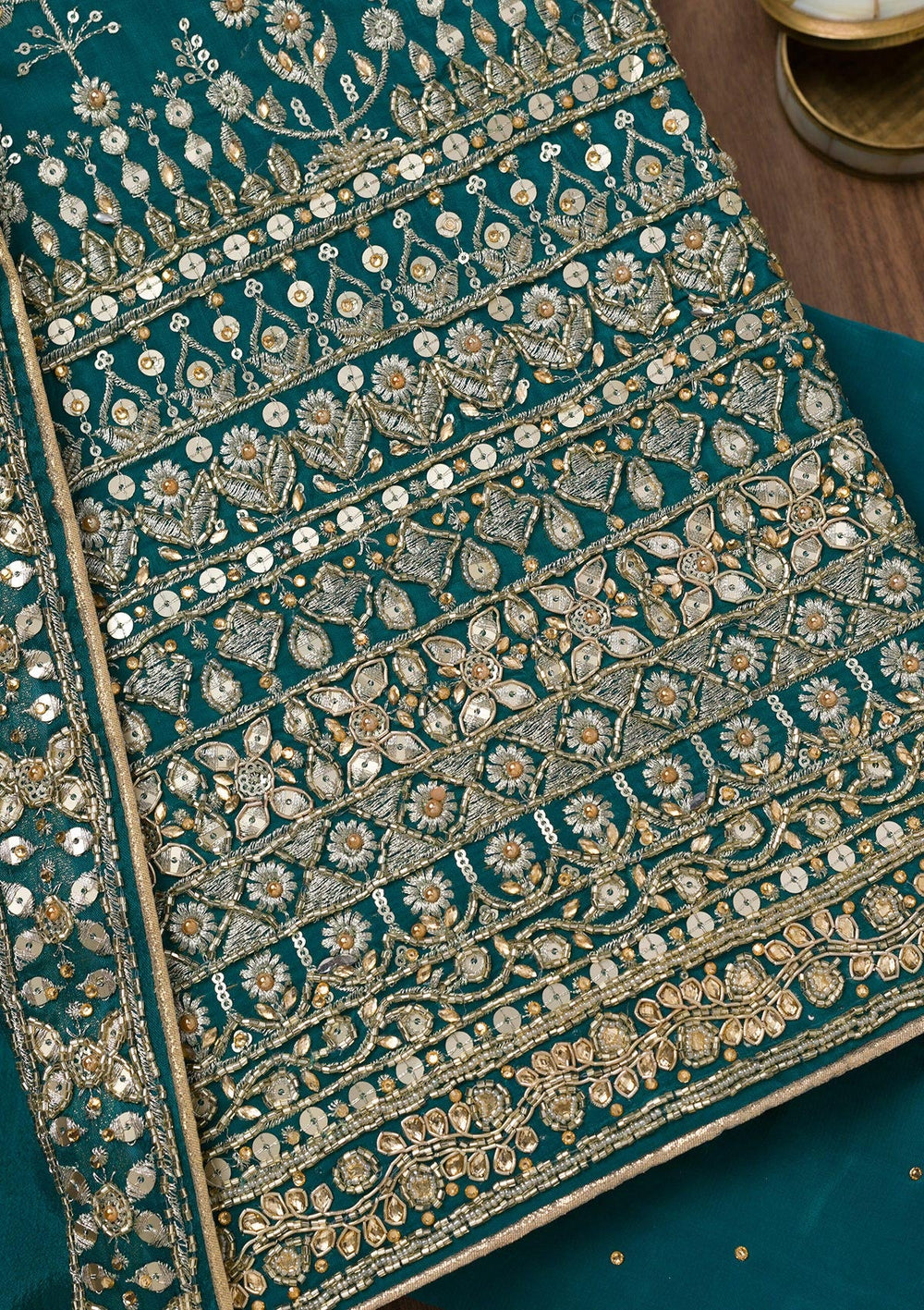 Peacock Blue Zariwork Crepe Unstitched Salwar Suit-Koskii