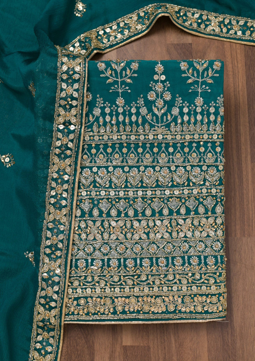 Peacock Blue Zariwork Crepe Unstitched Salwar Suit-Koskii