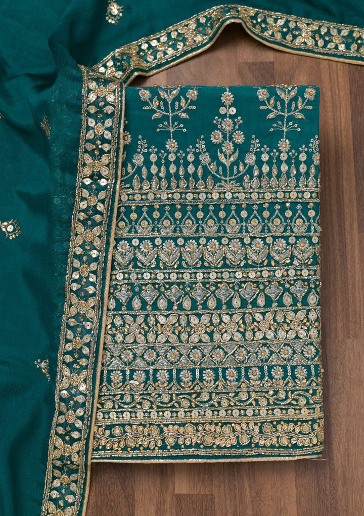 Peacock Blue Zariwork Crepe Unstitched Salwar Suit-Koskii