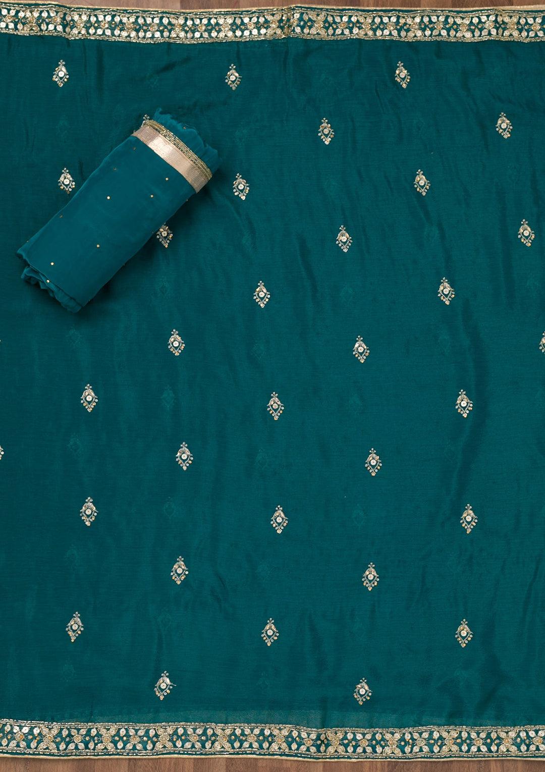 Peacock Blue Zariwork Crepe Unstitched Salwar Suit-Koskii