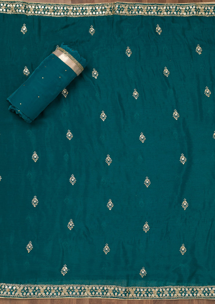 Peacock Blue Zariwork Crepe Unstitched Salwar Suit-Koskii
