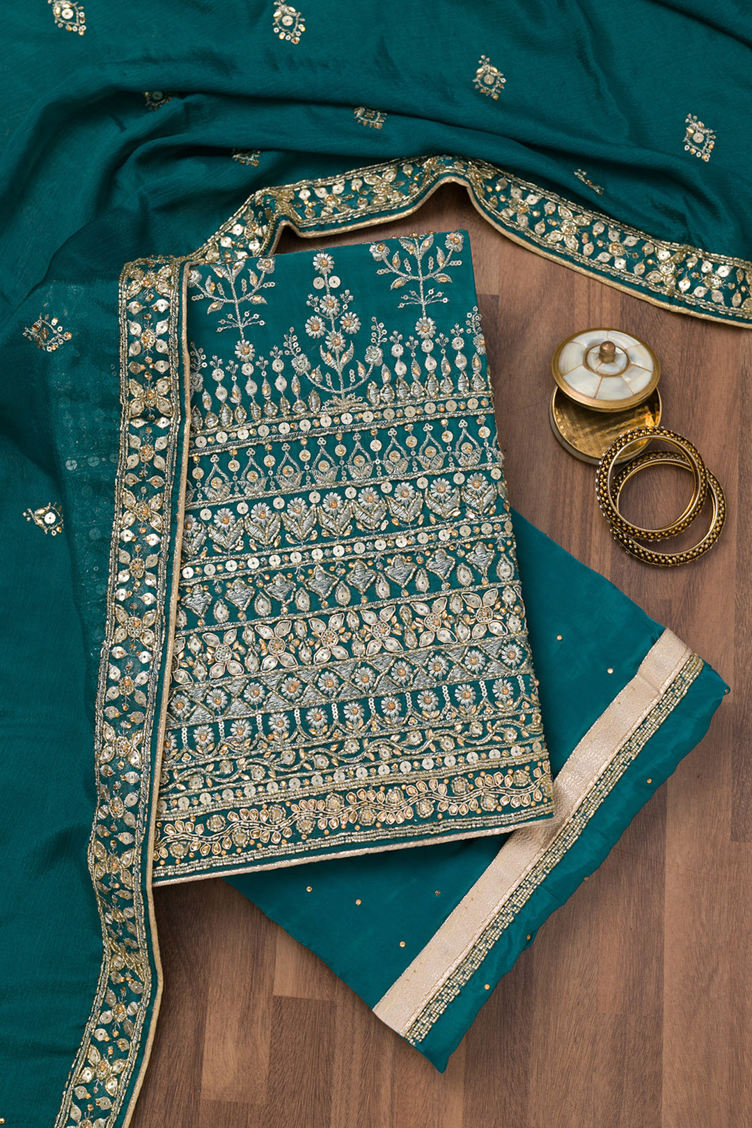 Peacock Blue Zariwork Crepe Unstitched Salwar Suit