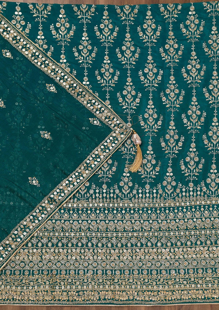 Peacock Blue Zariwork Crepe Unstitched Salwar Suit-Koskii