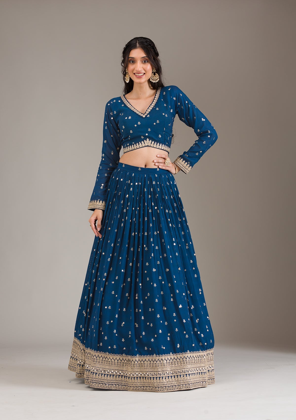 Peacock Blue Zariwork Georgette Readymade Lehenga-Koskii