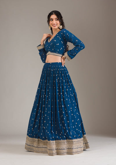 Peacock Blue Zariwork Georgette Readymade Lehenga-Koskii