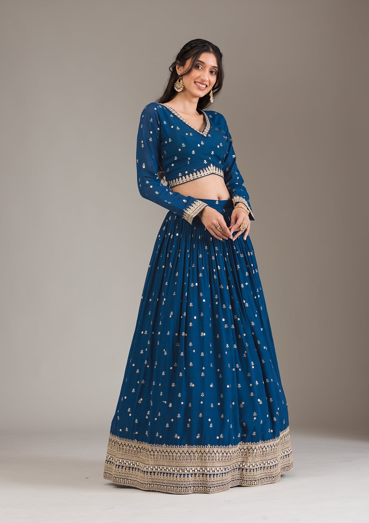 Peacock Blue Zariwork Georgette Readymade Lehenga-Koskii