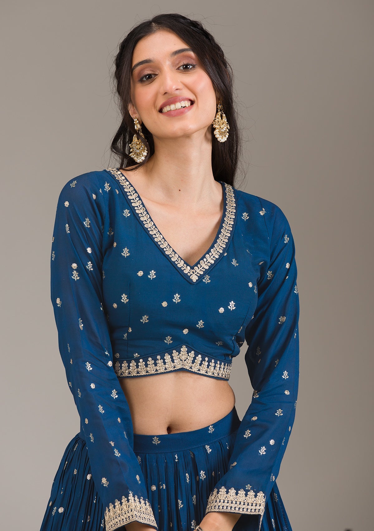 Peacock Blue Zariwork Georgette Readymade Lehenga-Koskii