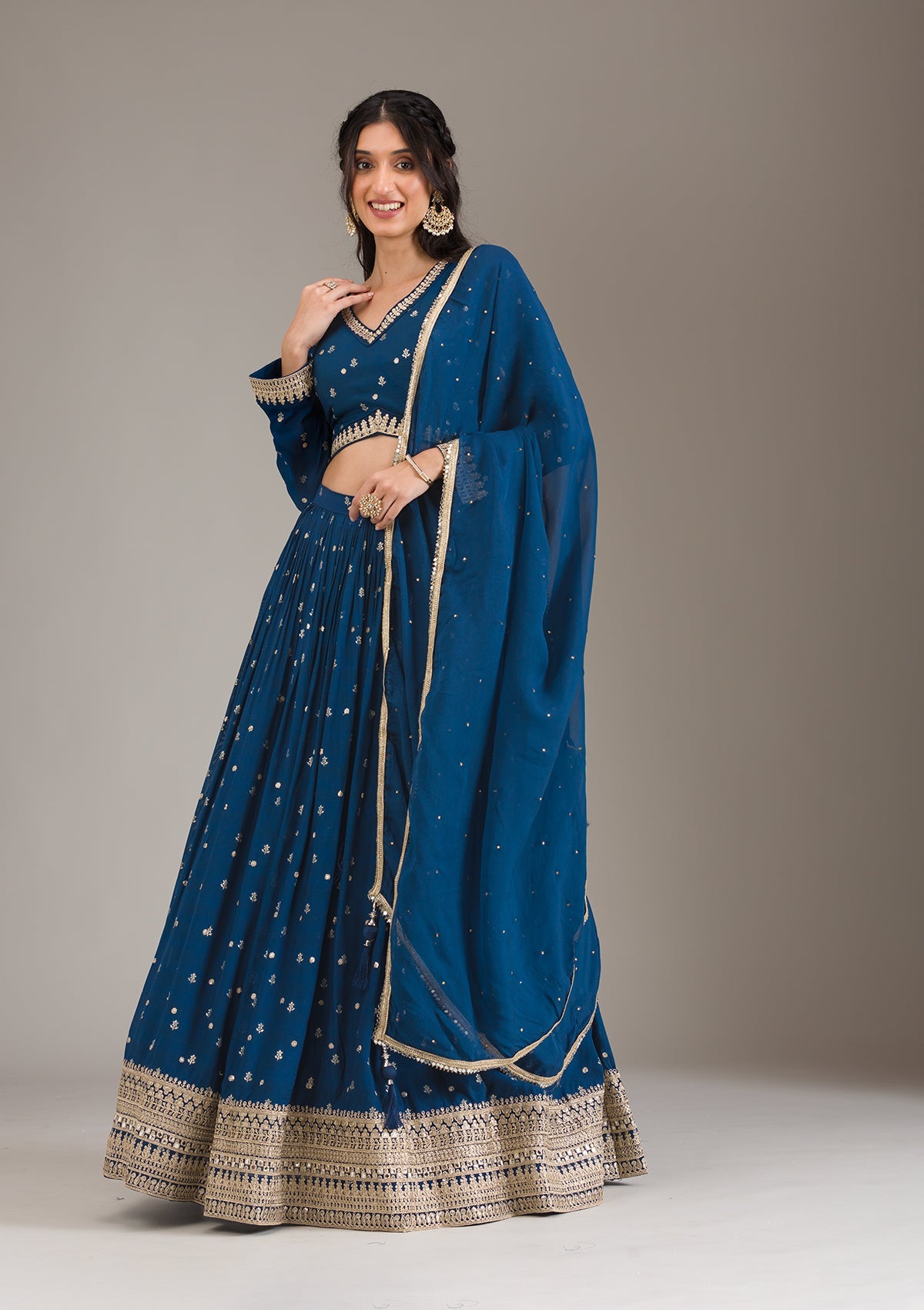 Peacock Blue Zariwork Georgette Readymade Lehenga-Koskii