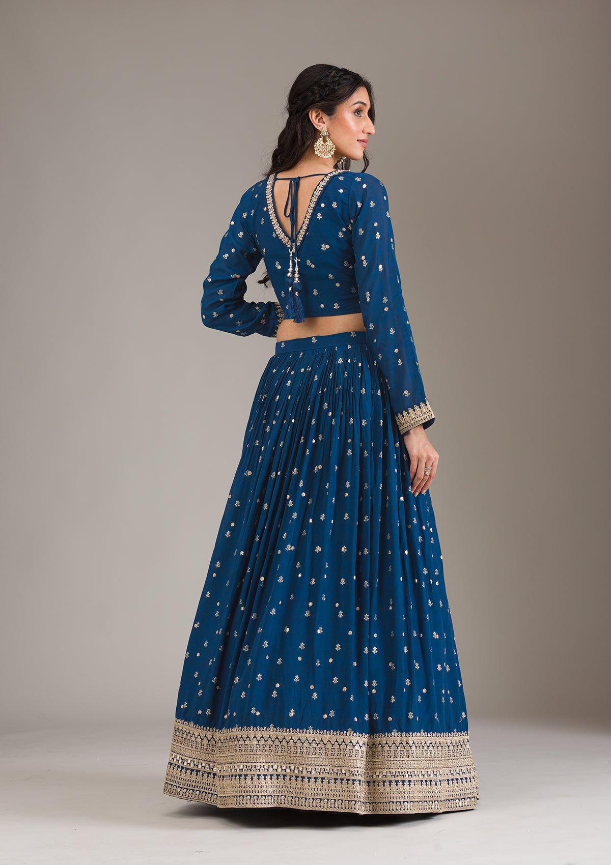 Peacock Blue Zariwork Georgette Readymade Lehenga-Koskii