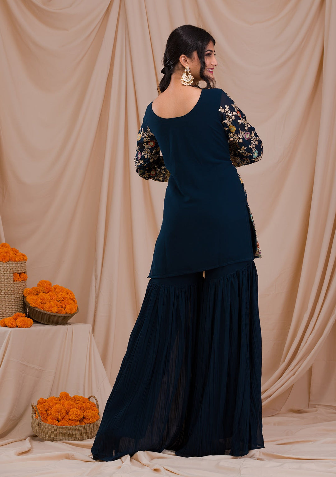 Peacock Blue Zariwork Georgette Readymade Salwar Suit-Koskii