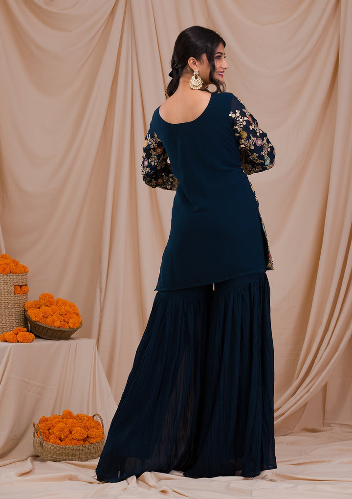 Peacock Blue Zariwork Georgette Readymade Salwar Suit-Koskii