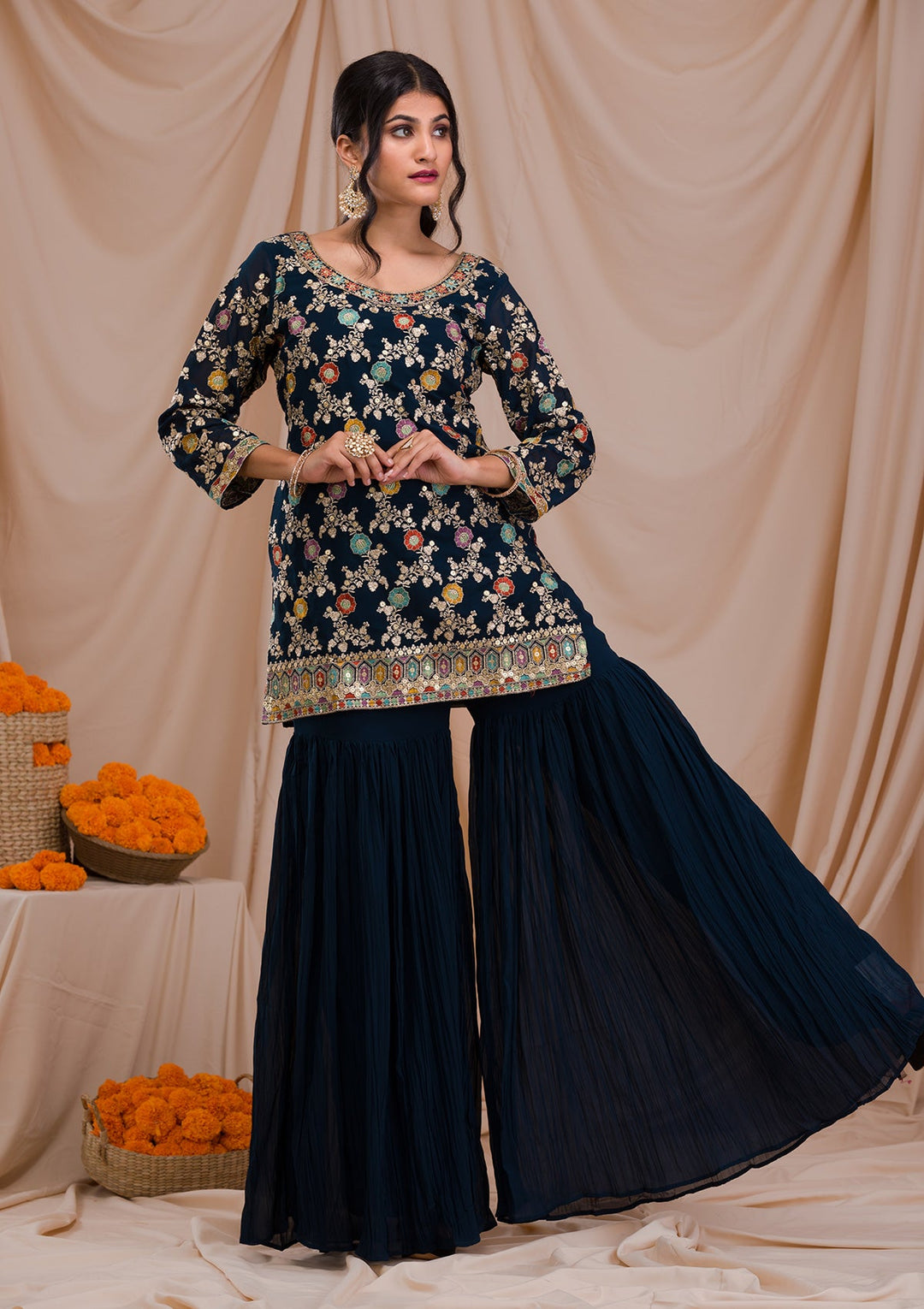 Peacock Blue Zariwork Georgette Readymade Salwar Suit-Koskii