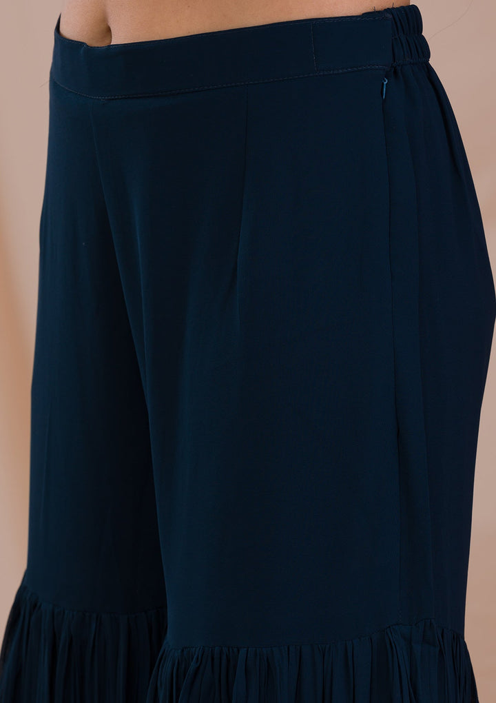 Peacock Blue Zariwork Georgette Readymade Salwar Suit-Koskii