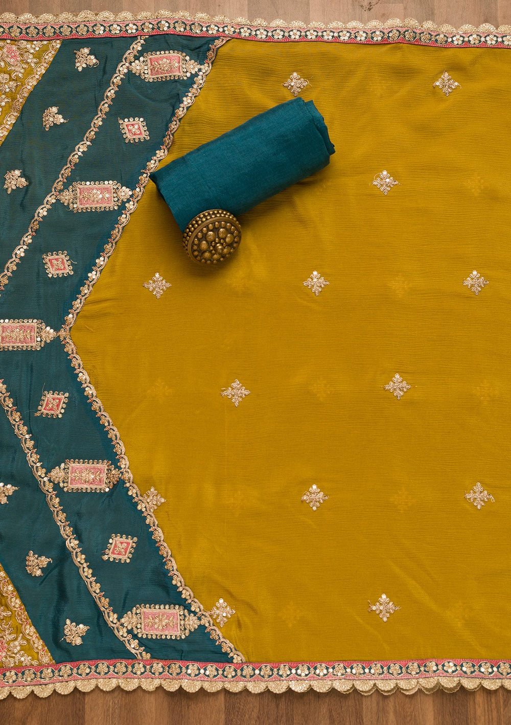 Peacock Blue Zariwork Georgette Unstitched Salwar Suit-Koskii