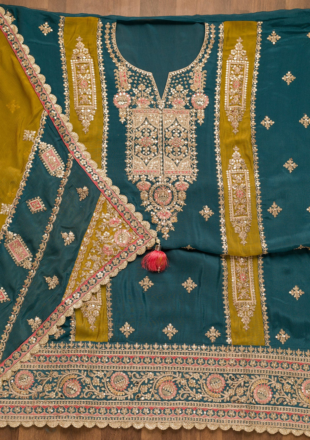 Peacock Blue Zariwork Georgette Unstitched Salwar Suit-Koskii
