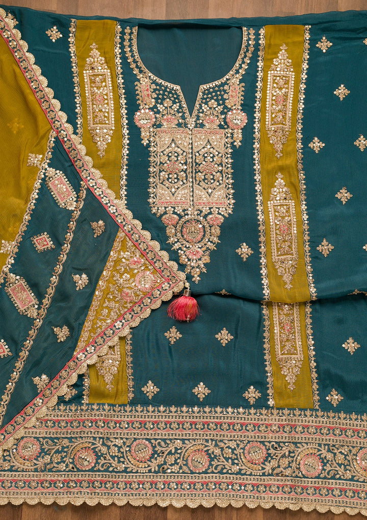 Peacock Blue Zariwork Georgette Unstitched Salwar Suit-Koskii