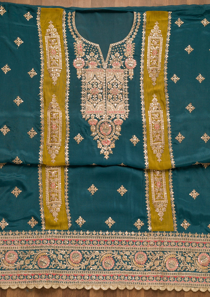 Peacock Blue Zariwork Georgette Unstitched Salwar Suit-Koskii