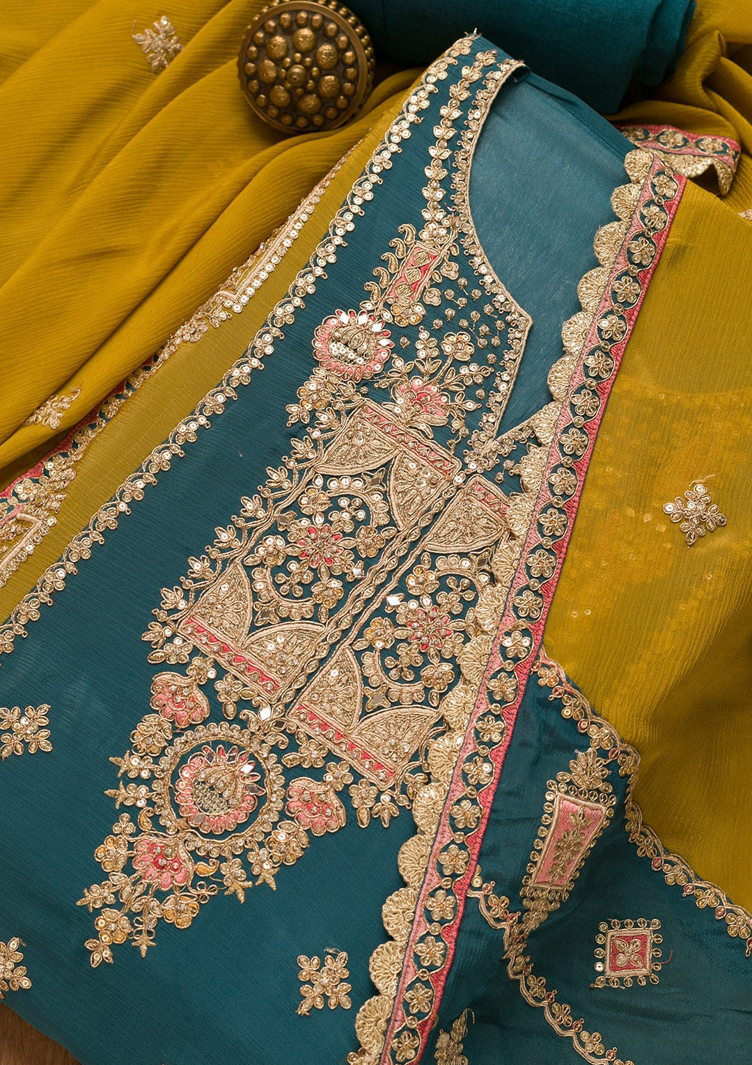 Peacock Blue Zariwork Georgette Unstitched Salwar Suit-Koskii