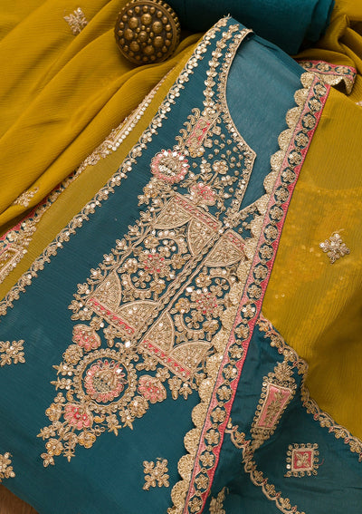 Peacock Blue Zariwork Georgette Unstitched Salwar Suit