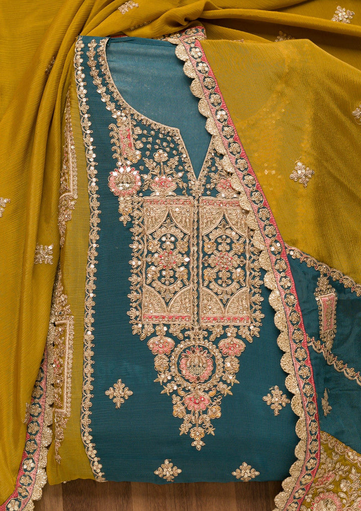 Peacock Blue Zariwork Georgette Unstitched Salwar Suit-Koskii