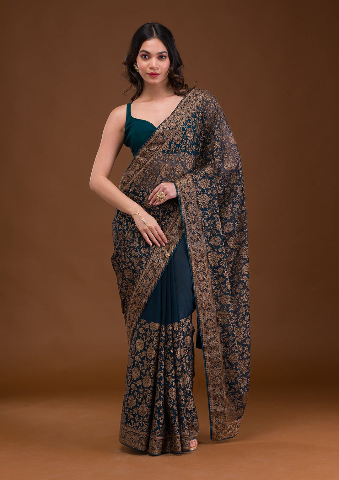 Peacock Blue Zariwork Georgette Saree-Koskii