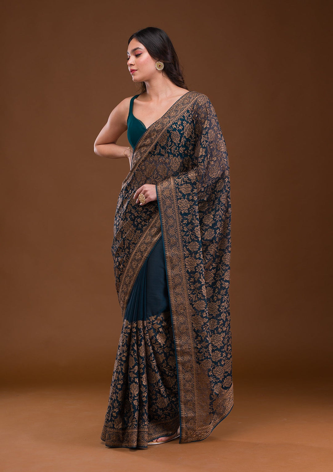 Peacock Blue Zariwork Georgette Saree-Koskii