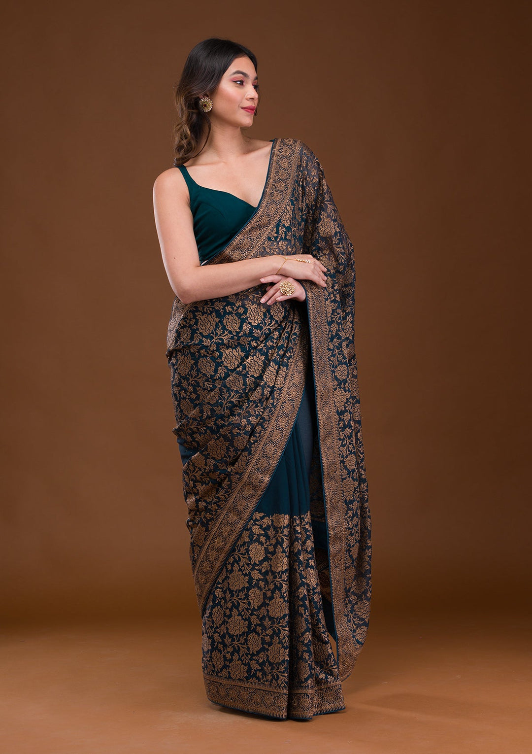 Peacock Blue Zariwork Georgette Saree-Koskii