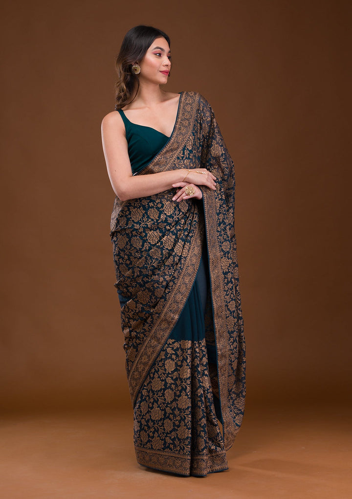Peacock Blue Zariwork Georgette Saree-Koskii