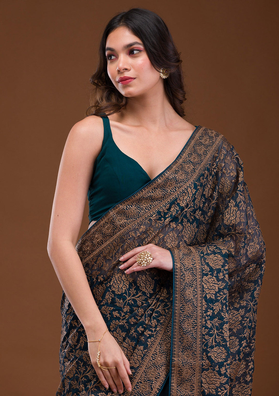 Peacock Blue Zariwork Georgette Saree-Koskii