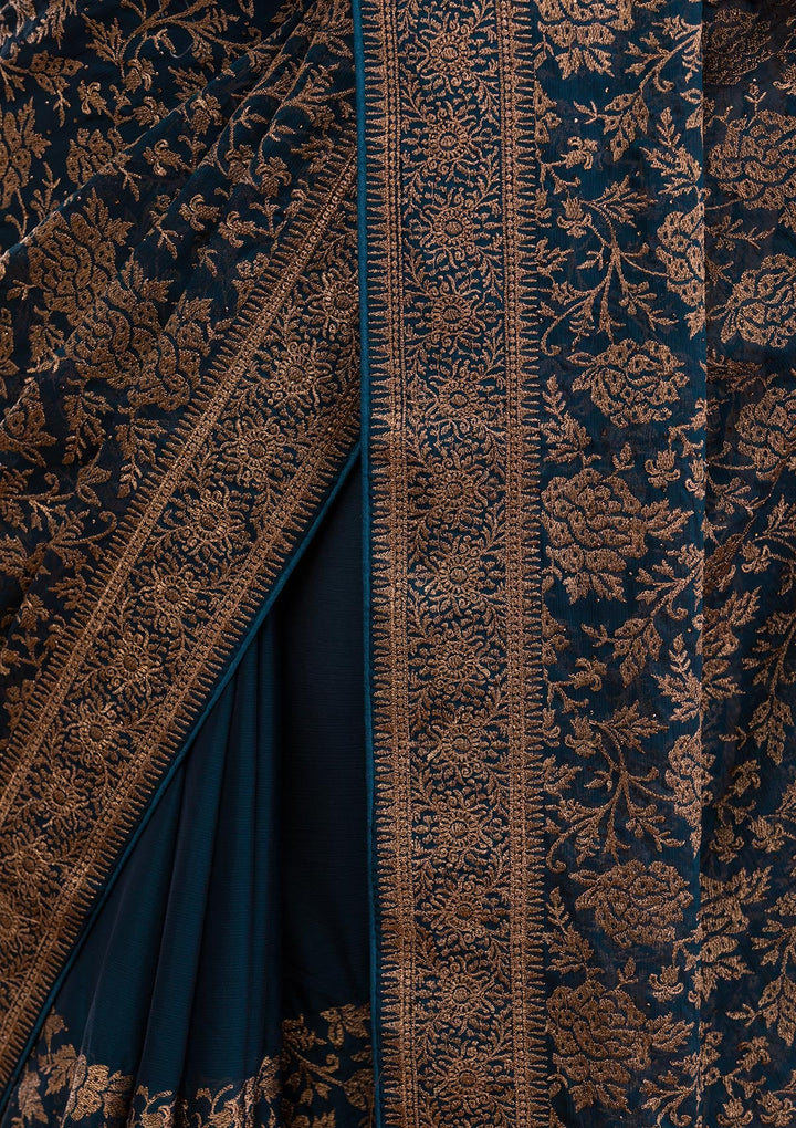 Peacock Blue Zariwork Georgette Saree-Koskii