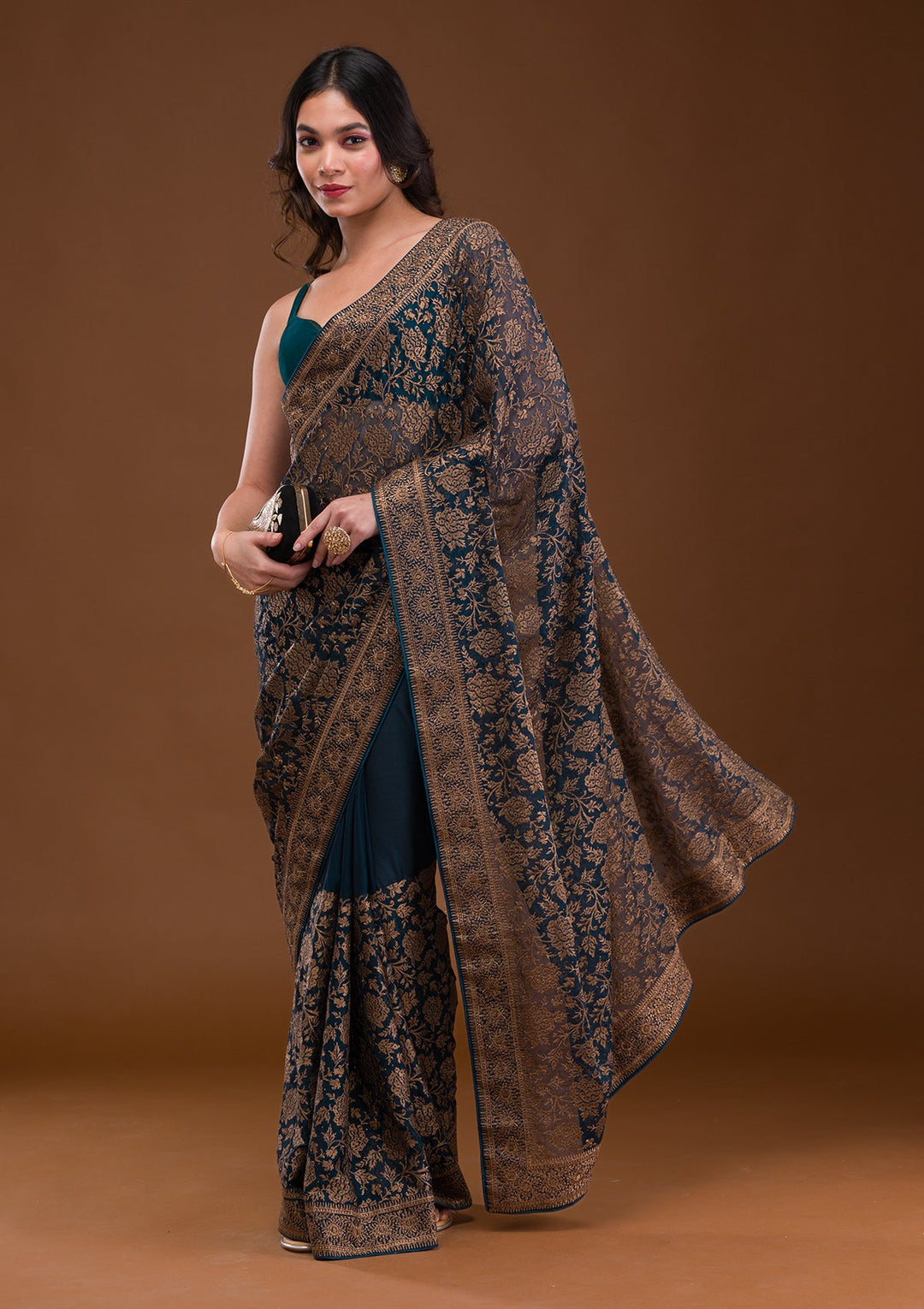 Peacock Blue Zariwork Georgette Saree-Koskii