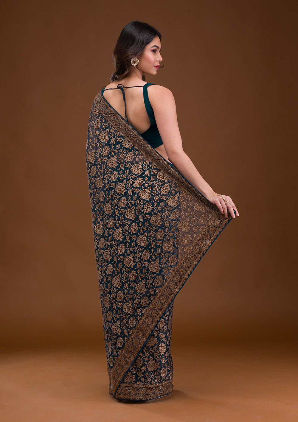 Peacock Blue Zariwork Georgette Saree-Koskii