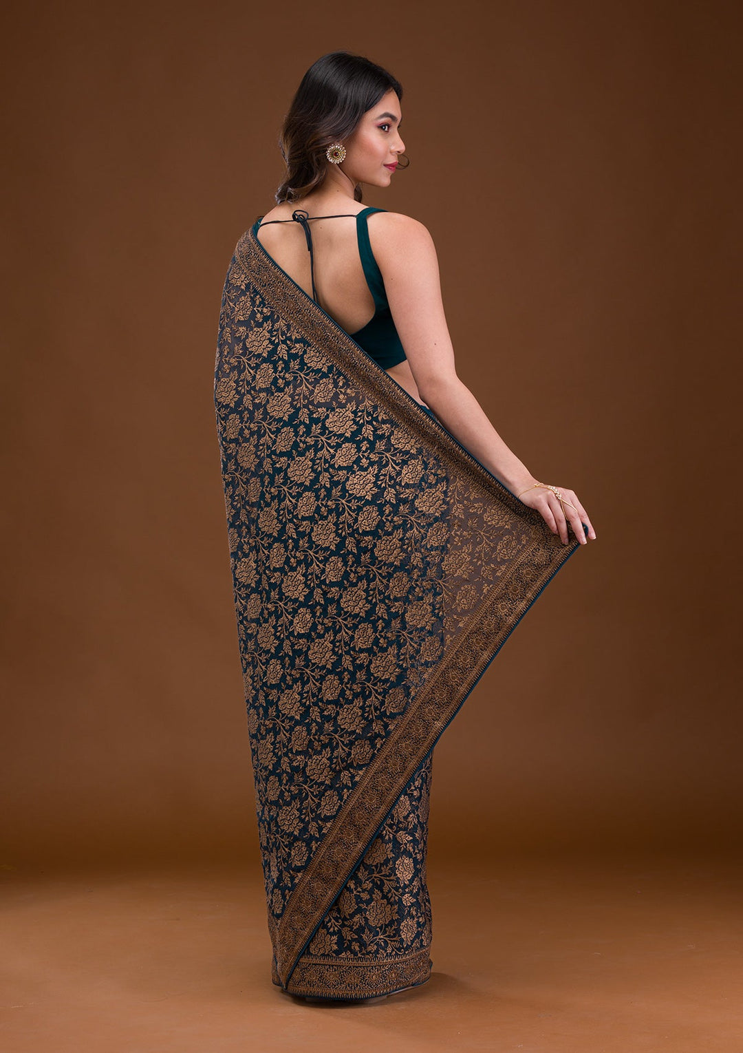 Peacock Blue Zariwork Georgette Saree-Koskii
