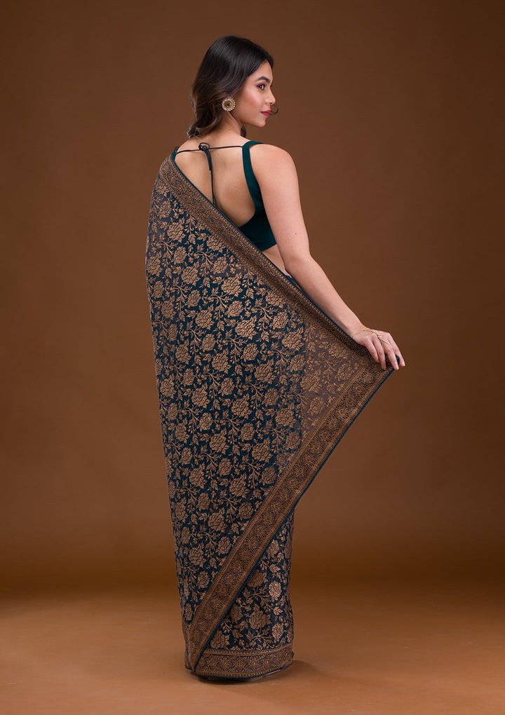 Peacock Blue Zariwork Georgette Saree-Koskii