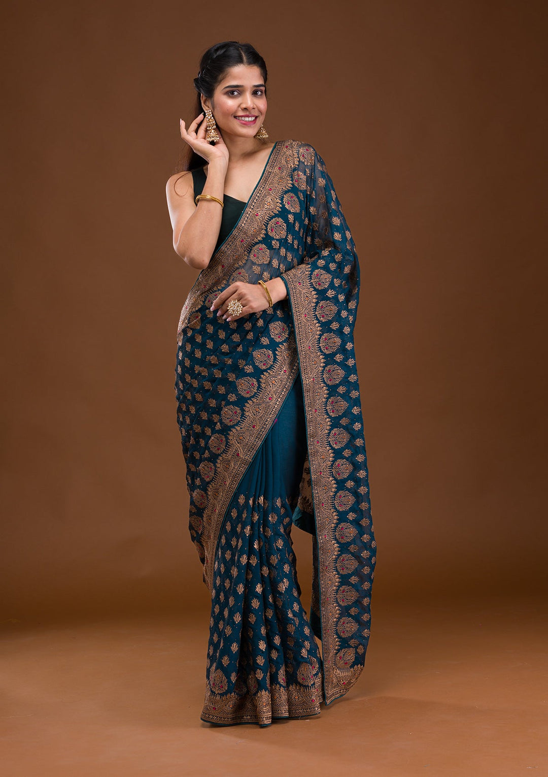 Peacock Blue Zariwork Georgette Saree-Koskii