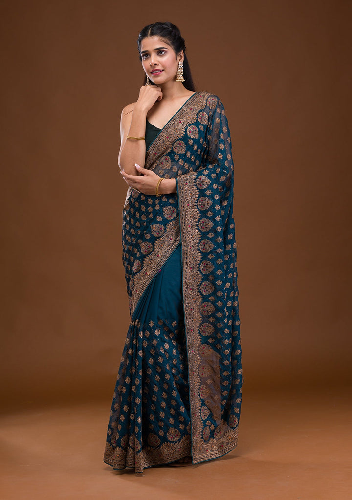 Peacock Blue Zariwork Georgette Saree-Koskii