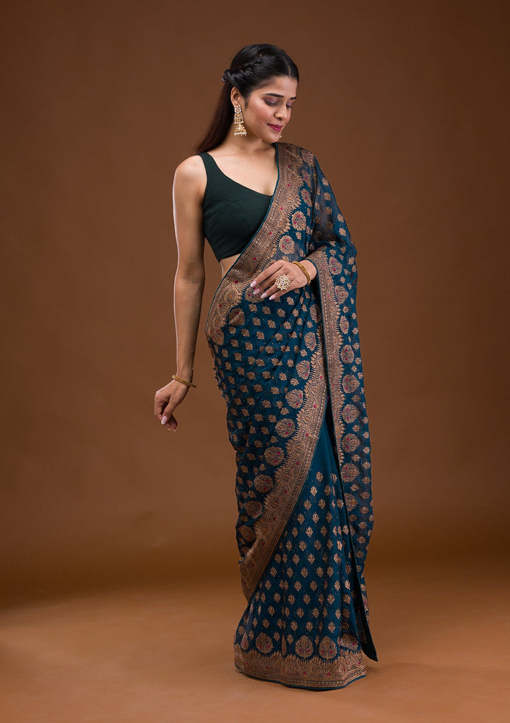 Peacock Blue Zariwork Georgette Saree-Koskii