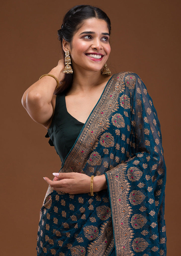 Peacock Blue Zariwork Georgette Saree-Koskii