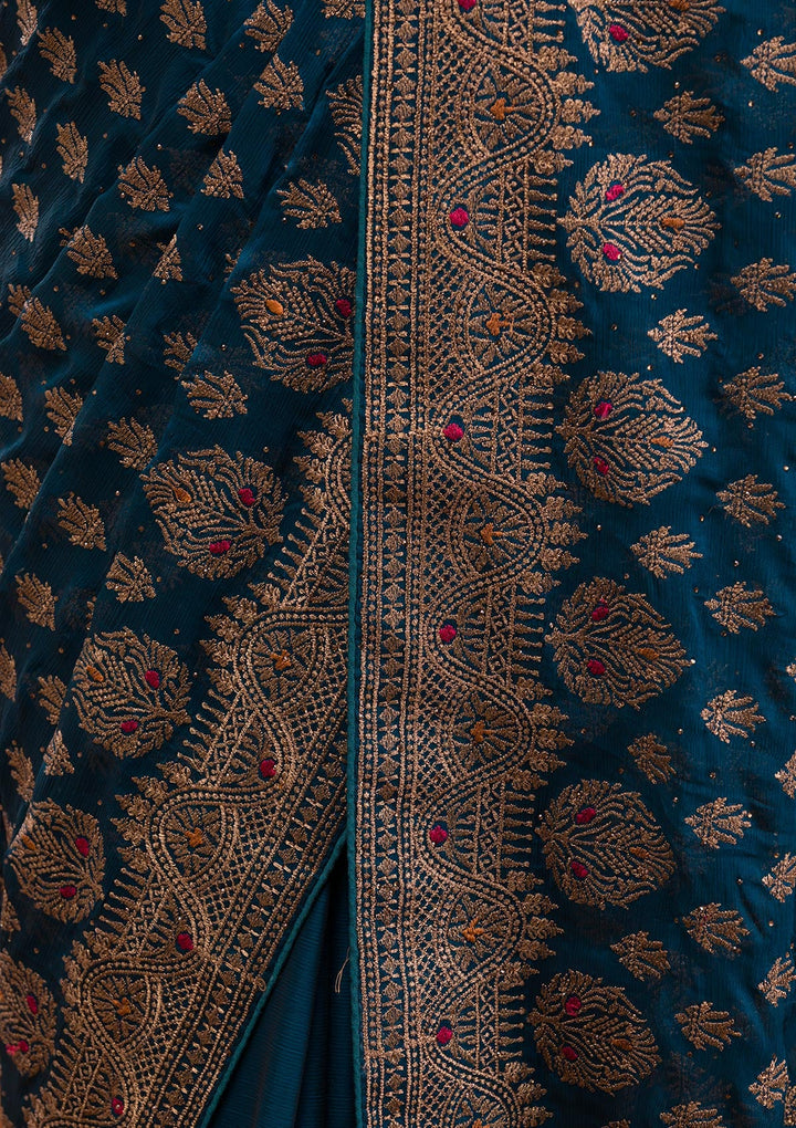Peacock Blue Zariwork Georgette Saree-Koskii