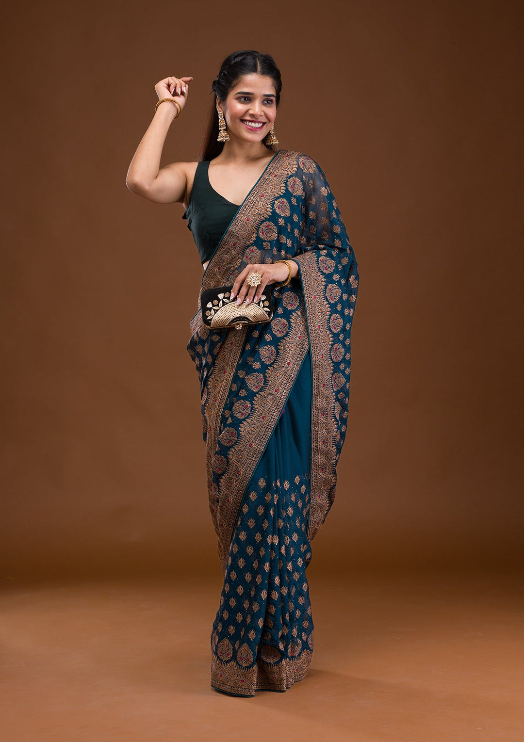 Peacock Blue Zariwork Georgette Saree-Koskii